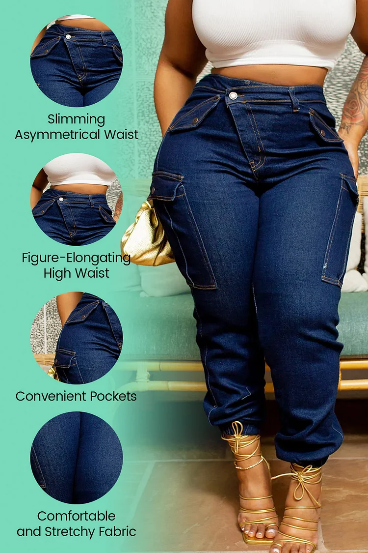 Xpluswear Plus Size Blue Daily Denim Asymmetric Waist With Pocket Cargo  Jeans