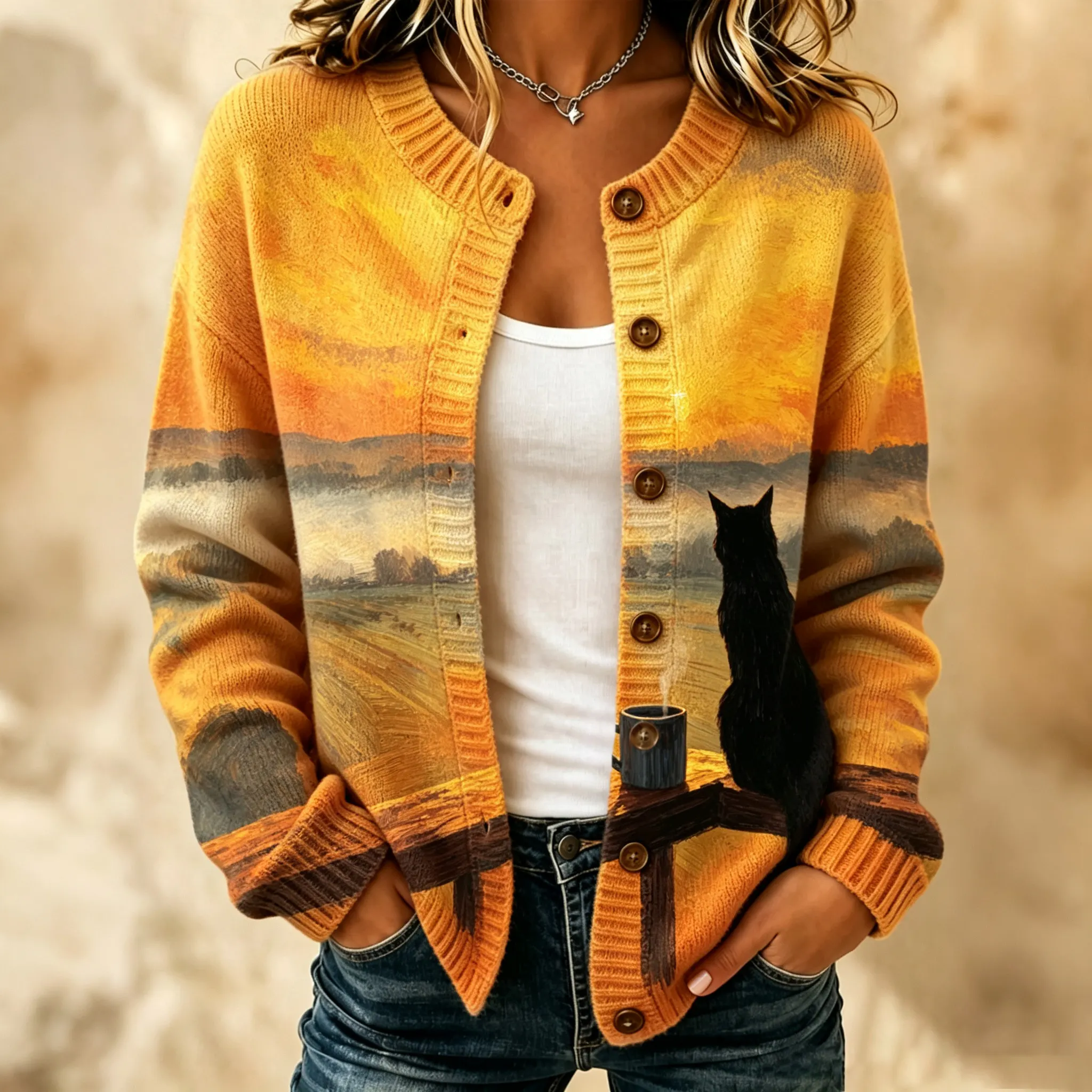 Comstylish Women's Cat And Landscape Print Knit Cardigan Sweater