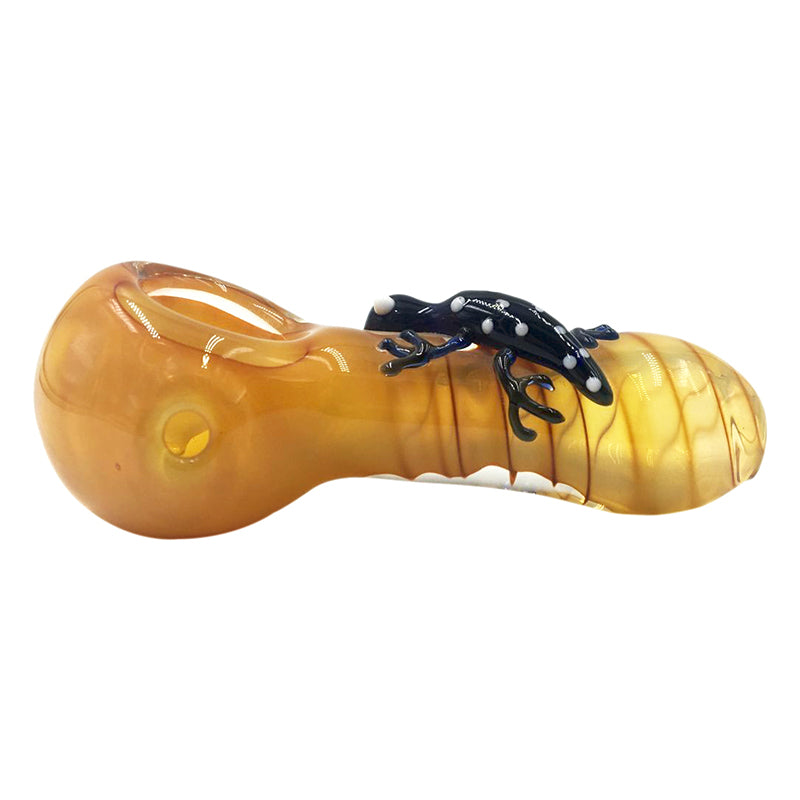 Yellow Gecko Spoon Hand Pipe with Black Lizard Lying Down