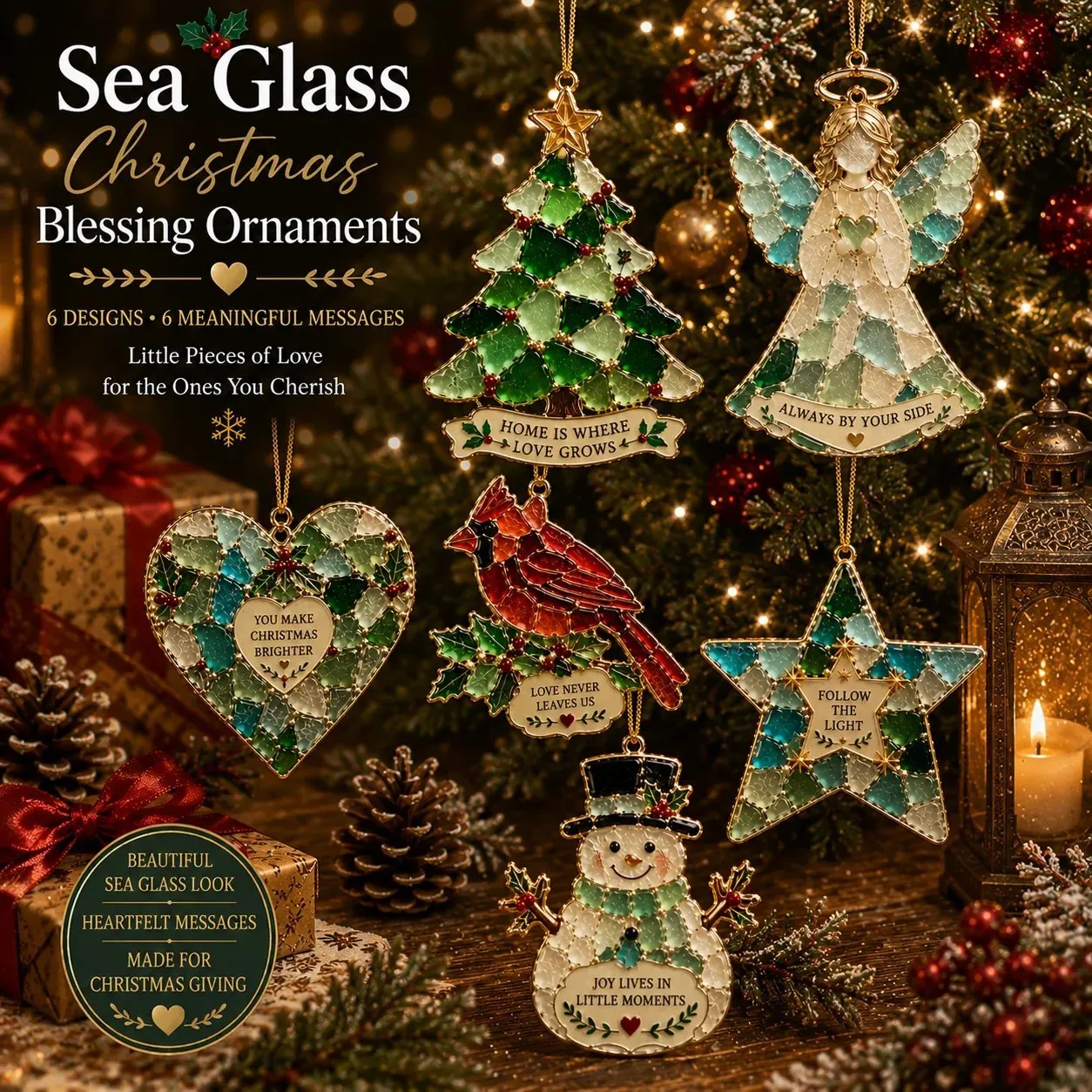 Six Sea Glass Christmas Blessing Ornament designs