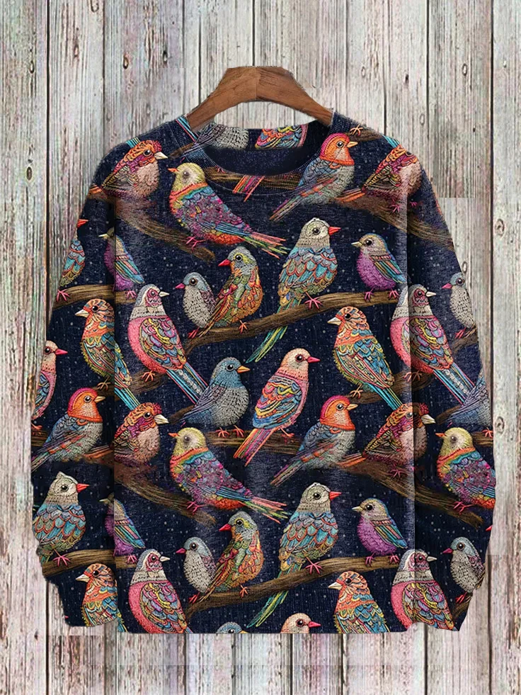 Men's Multicolor Birds Ethnic Embroidery Art Print Sweatshirt