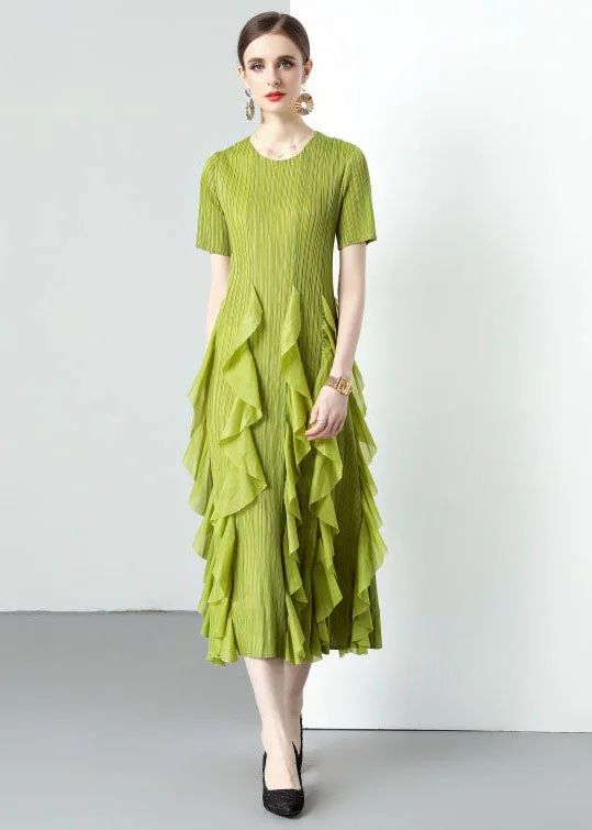Loose Green O-Neck Ruffled Patchwork Chiffon Long Dresses Summer