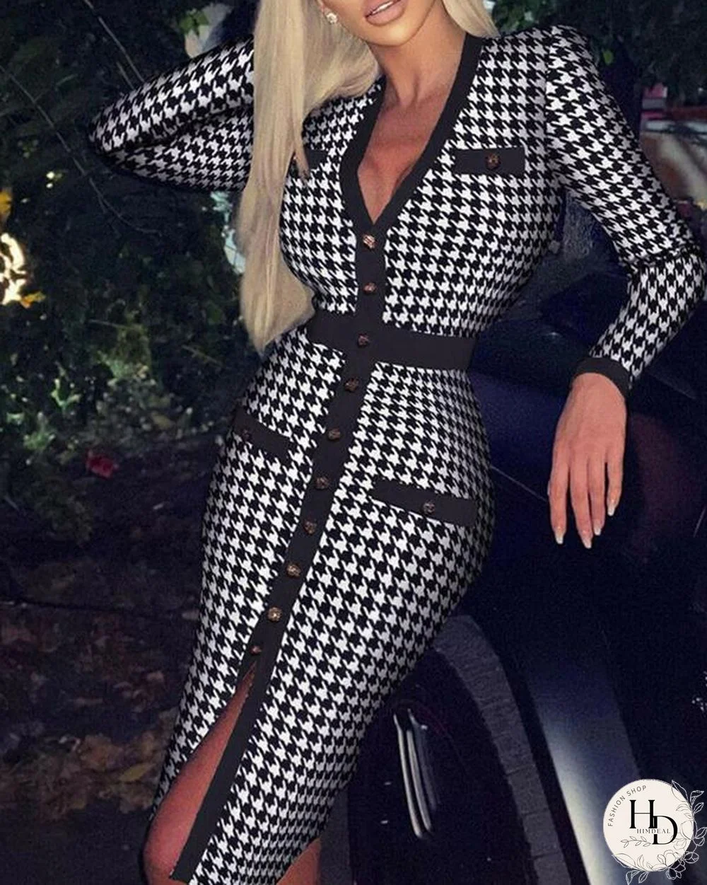 Houndstooth/Rhombus Print Long-sleeved V-neck Button Bodycon Dress