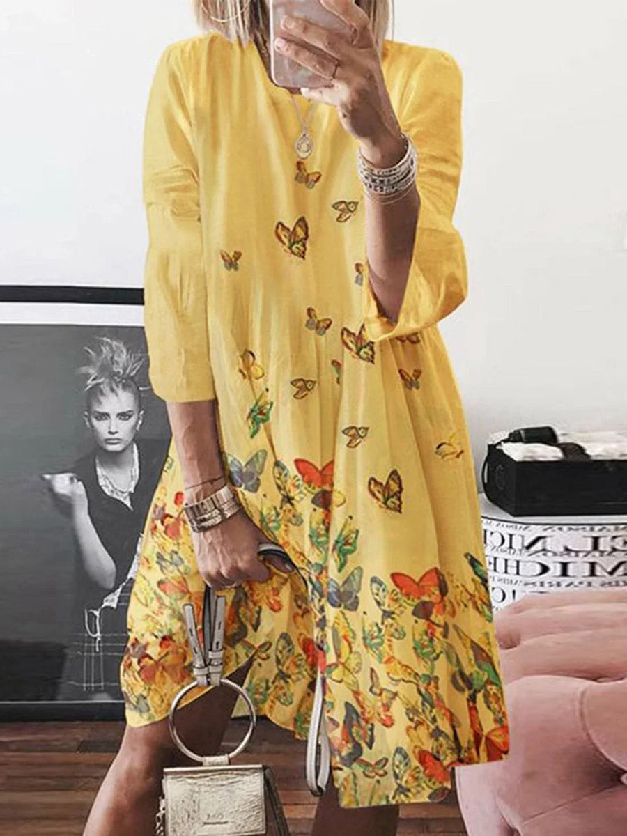 Round Neck Long Sleeves Floral Dress