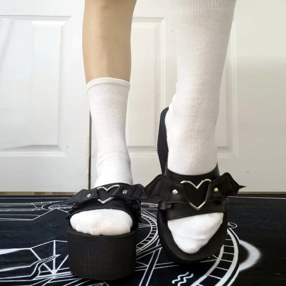 BONJOMARISA INS Big Size 43 Open Toe angel bat heart Gothic outdoor women's Slippers Platform Wedges Punk Slip On Casual Sandals