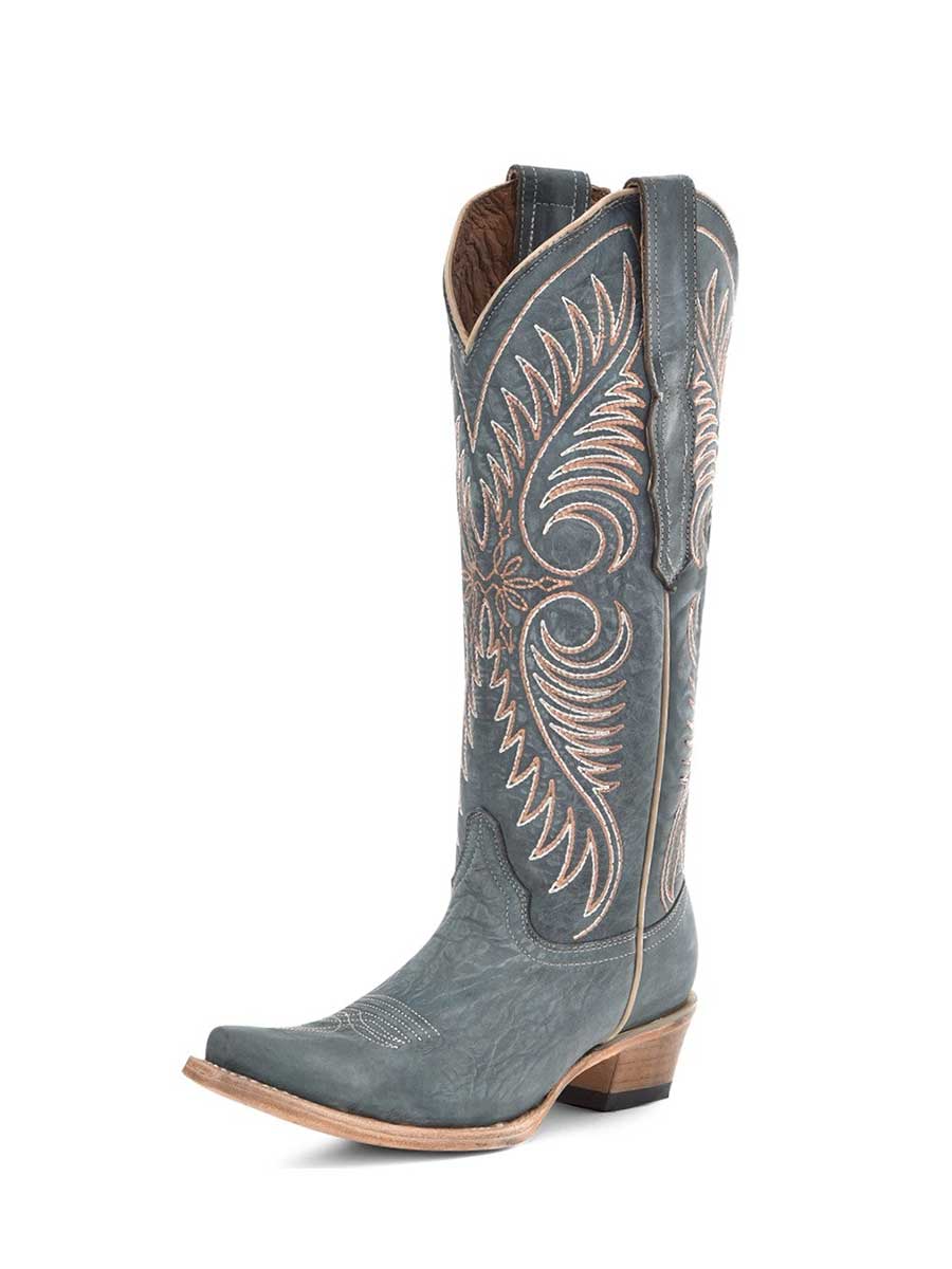 Blue Distressed Snip Toe Embroidered Women's Knee Cowgirl Boots