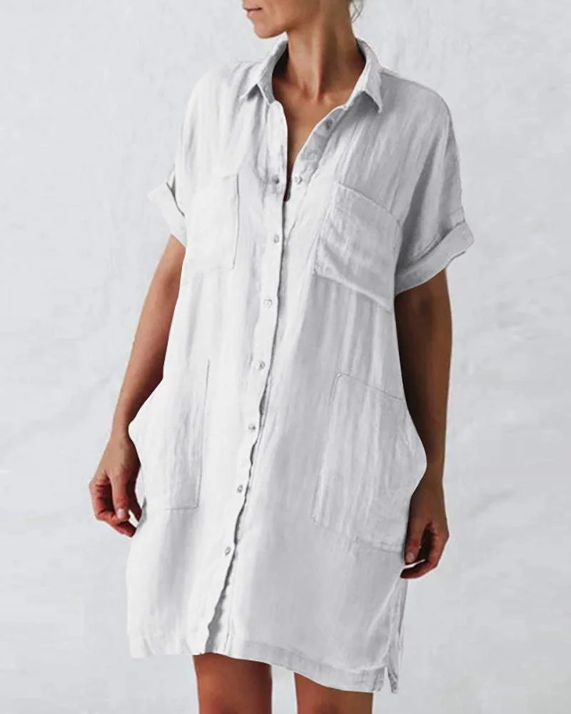 Solid Color Short Sleeve Pocket Dress