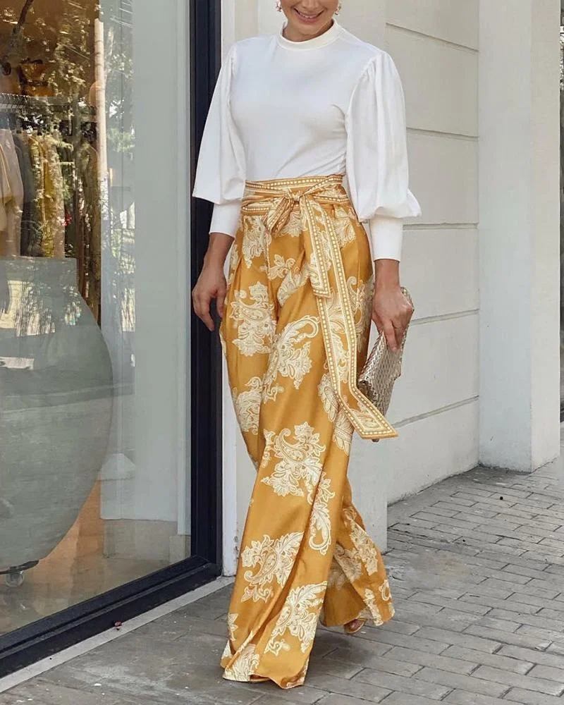 Long-Sleeve Balloon Sleeve Top & Printed Wide-Leg Pants Two-Piece Set