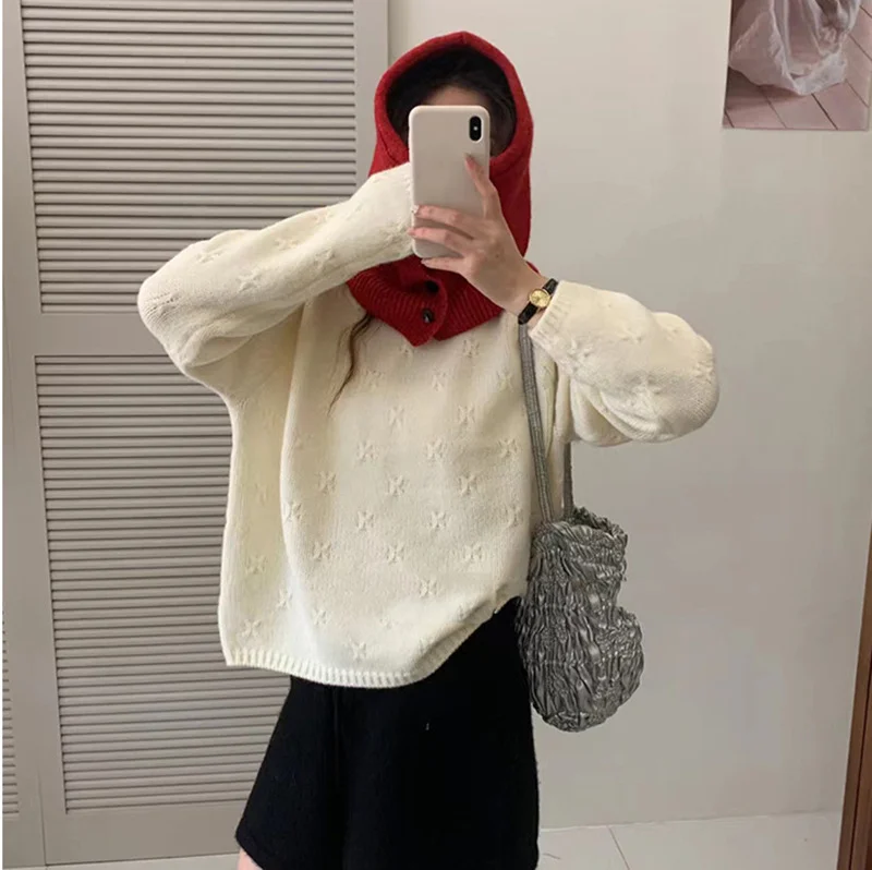 Churchf Churchf Color Restoring Ancient Ways Hook Flower Sweater Female Autumn Dong New Loose Lazy Wind Inserted Shoulder Sleeve Gentle Round Collar Sleeve Knitting
