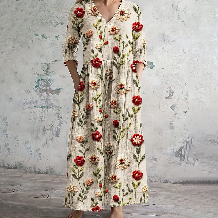 Women's Vintage Floral Art Cozy Linen Dress