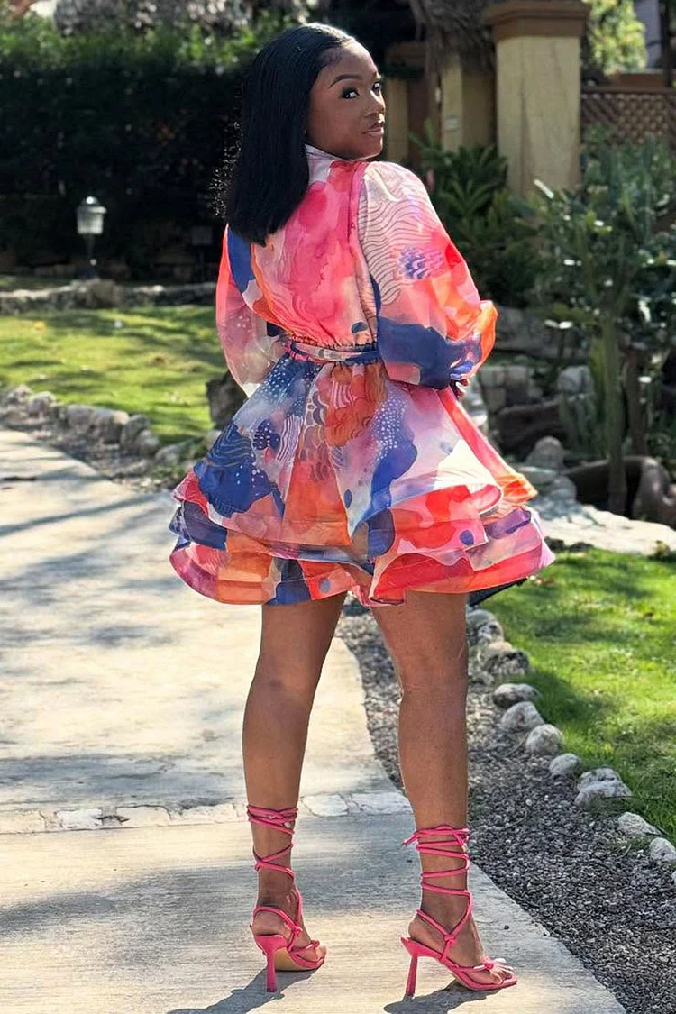Lantern Long Sleeve Print Tiered Hem A-Line Mini Dresses-Pink [Pre Order]