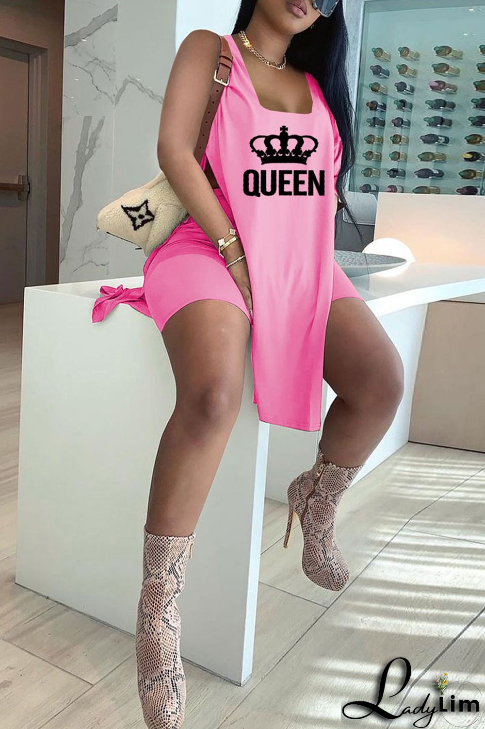 Royal Blue Casual Print Split Joint Slit U Neck Sleeveless Two Pieces