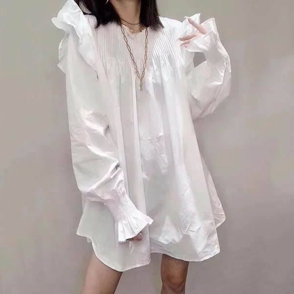 Patchwork Wrinkles Casual Blouse Women Ruffles Tide Fashion New Style O Neck Collar Long Sleeve Loose Elegant Top
