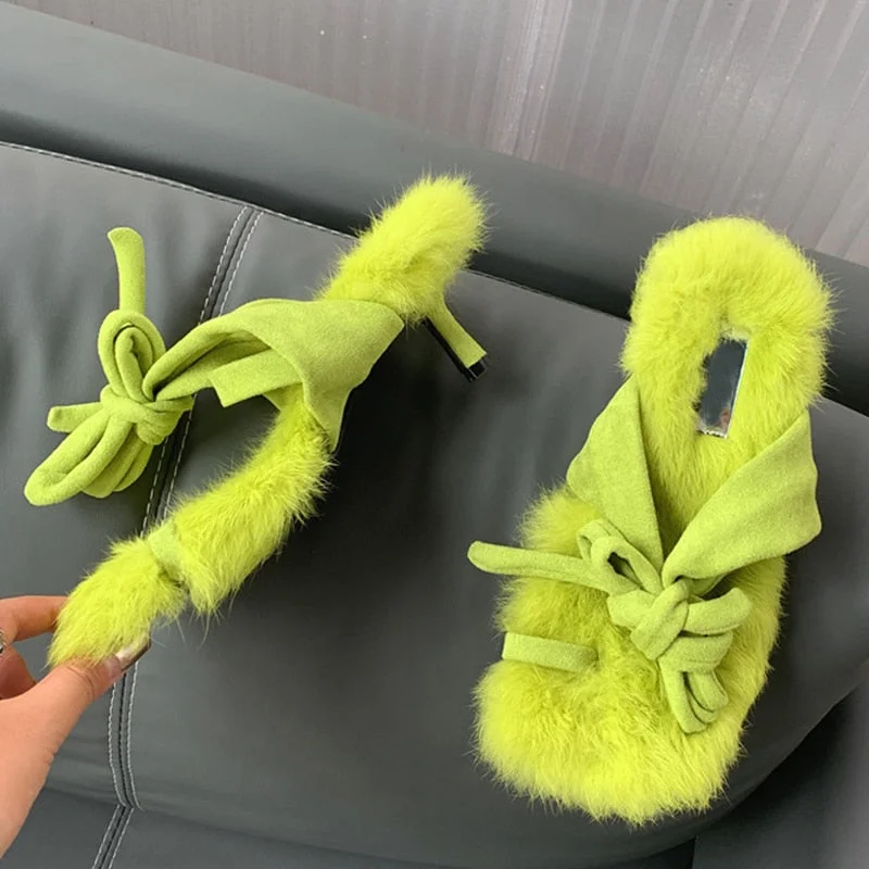 2022 New Brand Chic Fluorescent green Plush Fur Fuzzy Sandals Women Low Thin Heels Fashion Clip Toe Ankle Lace Up Slides Shoes