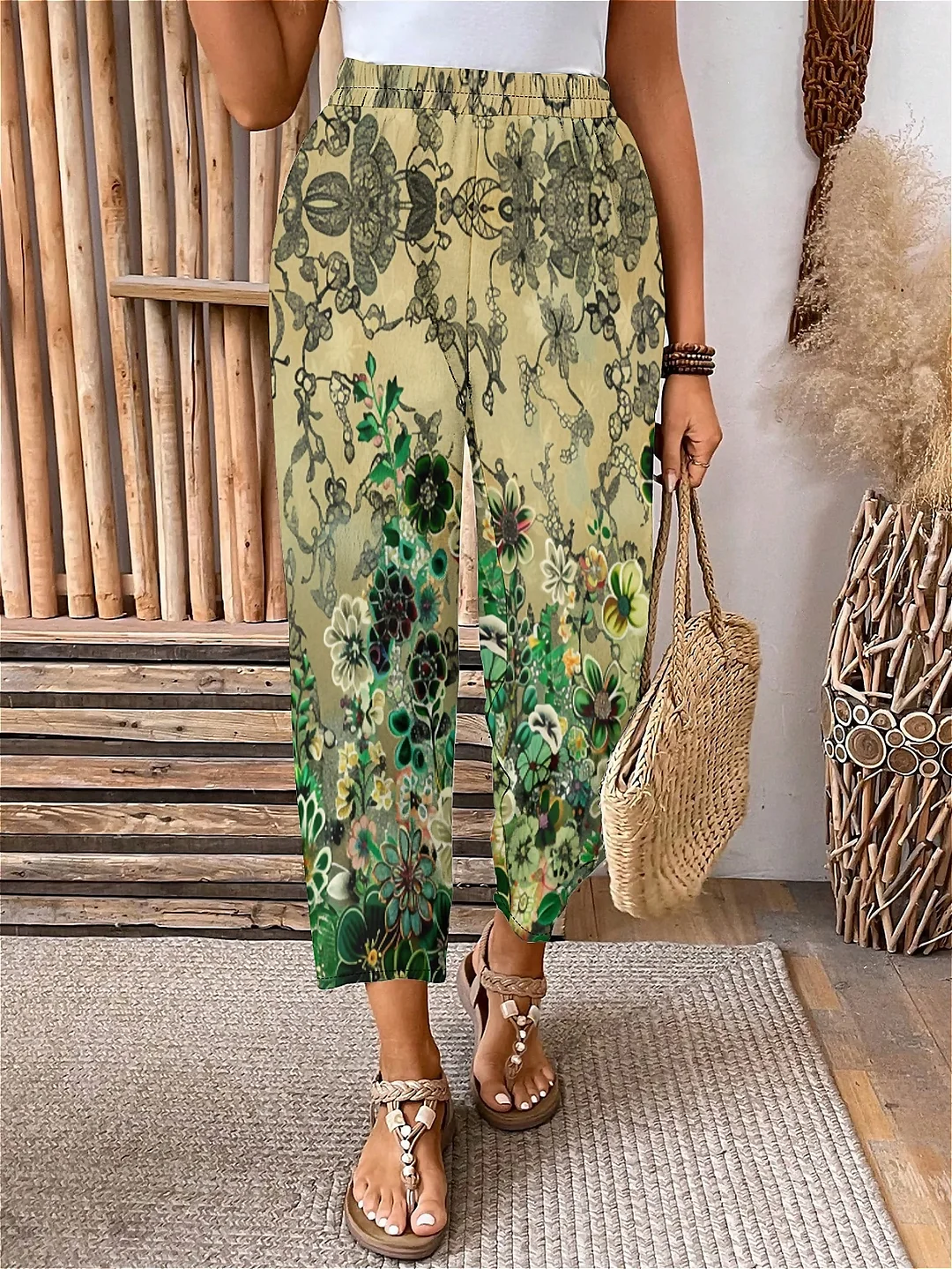 Plus Size Elastic Waist Khaki,Floral,Bohemian Printed Pants