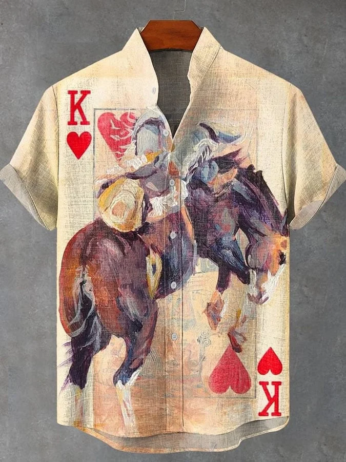 Men's Retro Poker Western Cowboy Print Casual Shirt