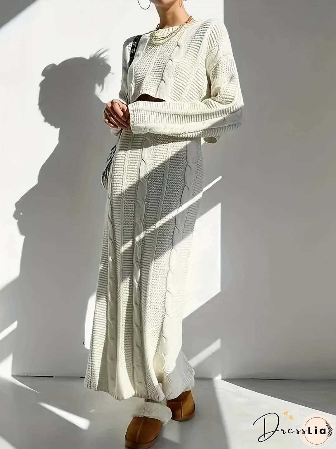 Twist Pattern Knitted Two-piece Set, Long Sleeve Crop Top & Split Maxi Skirt Outfits, Women's Clothing