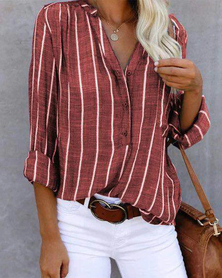 Cotton And Linen Striped Printed Long-sleeved Blouse