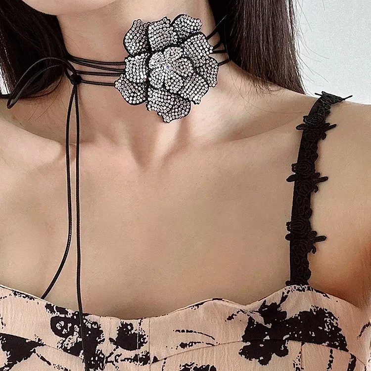 Diamond Flower Multi-Layer Fringe Necklace-Black