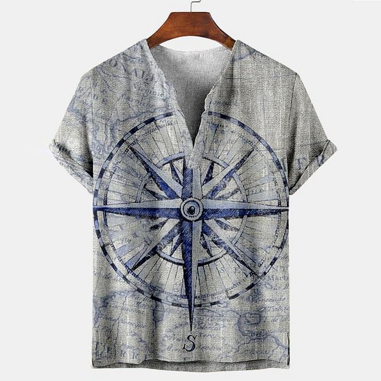 Men's Nautical Map Print Pullover Loose Short Specific Sleeve Casual Shirt