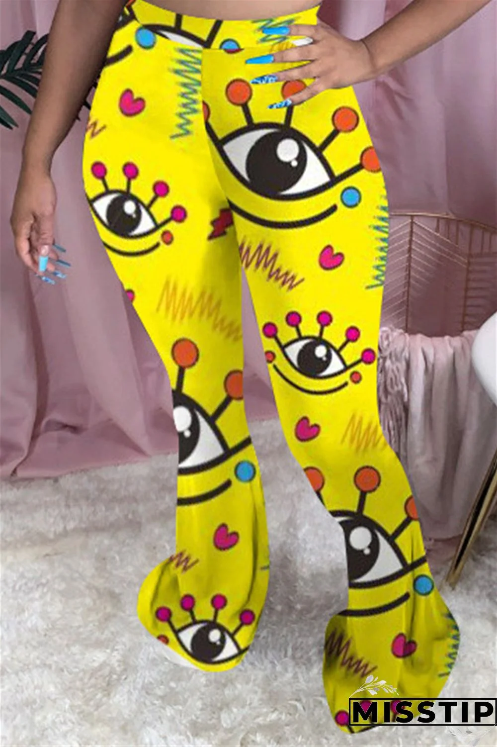 Yellow Elastic Fly Mid Print Skinny Pants Bottoms