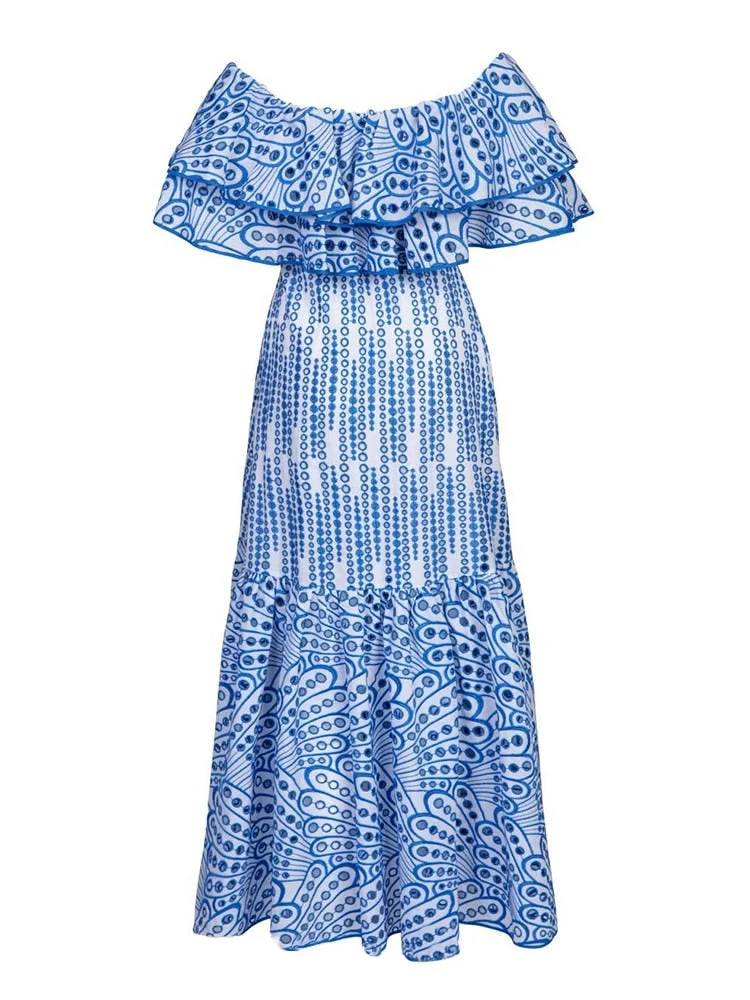 Victoria Blue Hollow Out Embroidery Off Shoulder Ruffled Cotton Dress