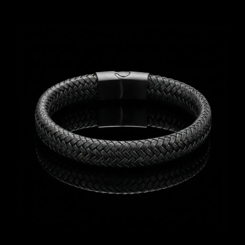 JiStones Signature Noir Braided Leather Bracelet with Magnetic Clasp