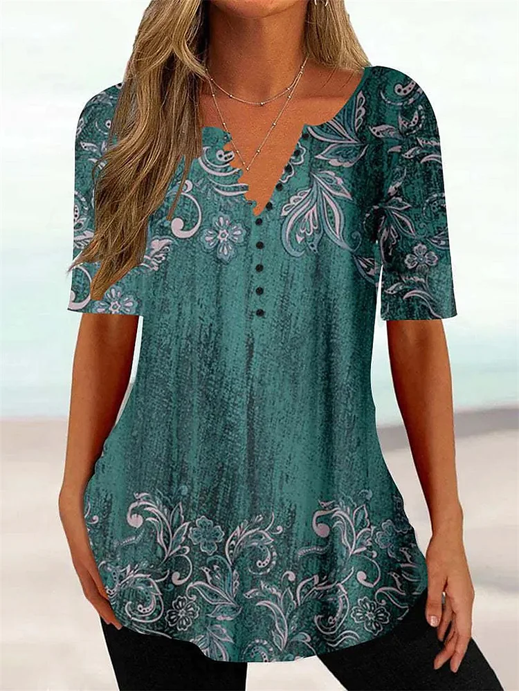Women's Retro Tops V-Neck Floral Print T-Shirts