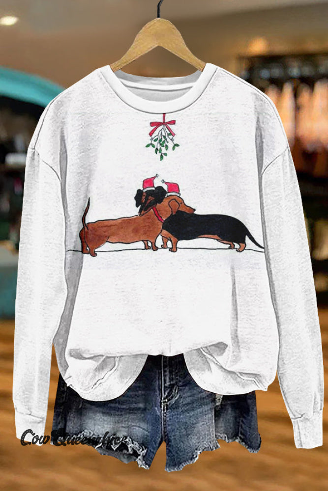 Cute Christmas Dachshund Print Sweatshirt White / S Tops