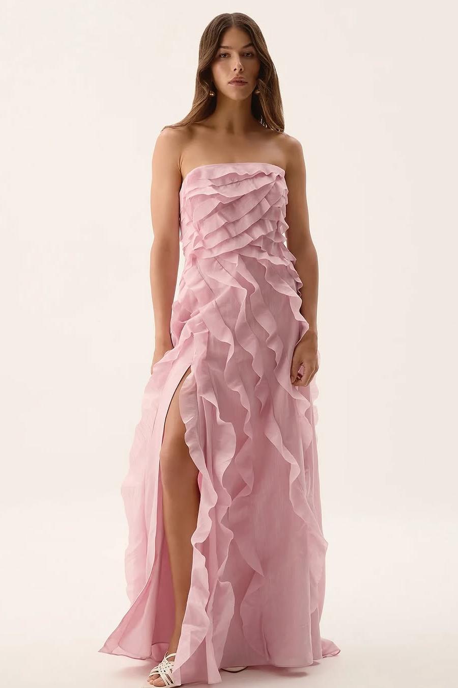 Lvs&Broner Glamorous Sleeveless Split Strapless Long Prom Dress With Ruffles 
