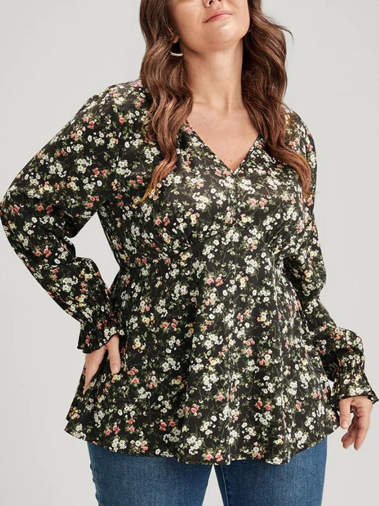 Floral V Neck Lantern Sleeve Ruffles Blouse