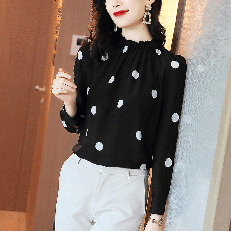 Black Long Sleeve Polka Dots Shirts & Tops