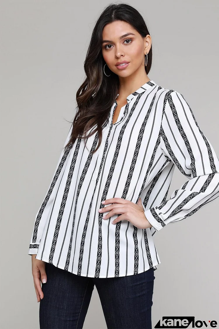 Classic Black White Striped V Neck Button Up Blouse