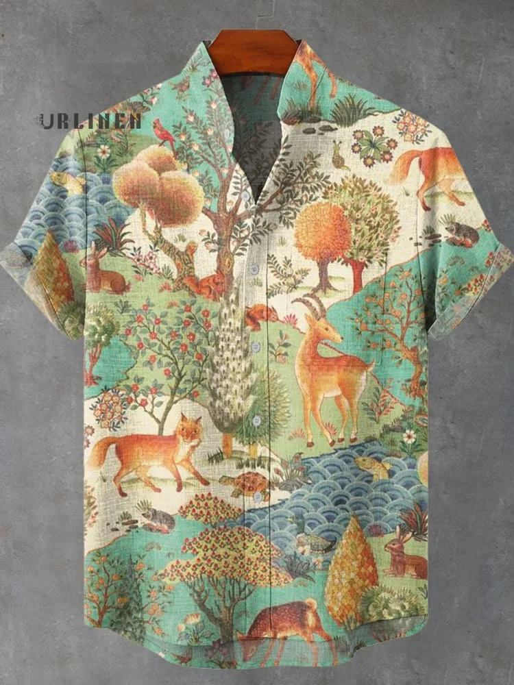 Retro Forest Animal World Pattern Print Casual 100% Cotton Shirt