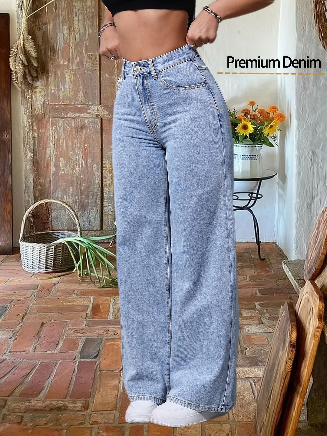 Women's Premium Denim Wide-Leg Jeans - Stretchy Casual Light Blue Denim Pants With Slash Pockets, Comfortable & Stylish For Casual Attire | IFYHOME