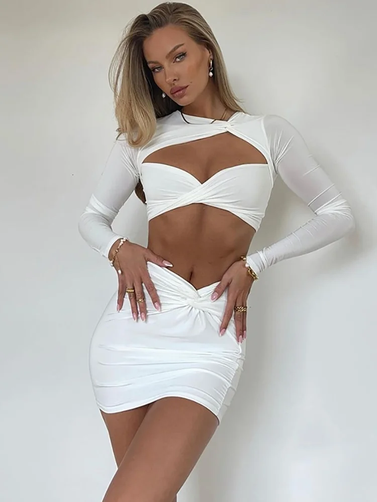 Colourp Cut Out Sexy Long Sleeve Bodycon Party Dresses Women Two Piece Set 2022 Black Autumn Y2K Crop Top and Mini Skirt Elegant