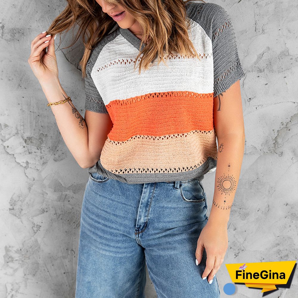 Summer Knitted Short Sleeve Top Women's European And American Contrast V-neck Pullover T-shirt Y2k Top