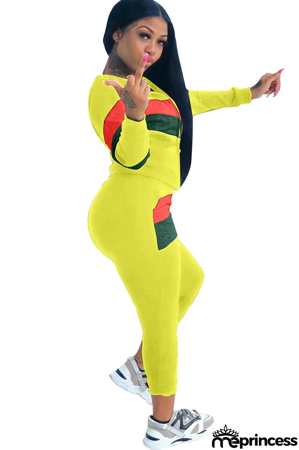 Blue Polyester Casual Two Piece Suits Patchwork Striped Straight Long Sleeve Two-piece Pants Set