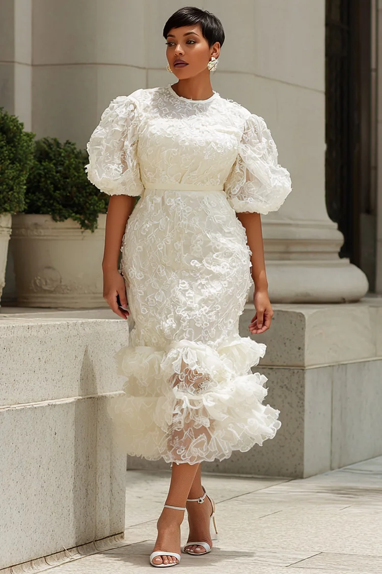 Xpluswear Design Plus Size Cocktail Party White Round Neck Puff Sleeve Short Sleeve Ruffle Bodycon Lace Midi Dresses [Pre-Order] 2024 - Xpluswear