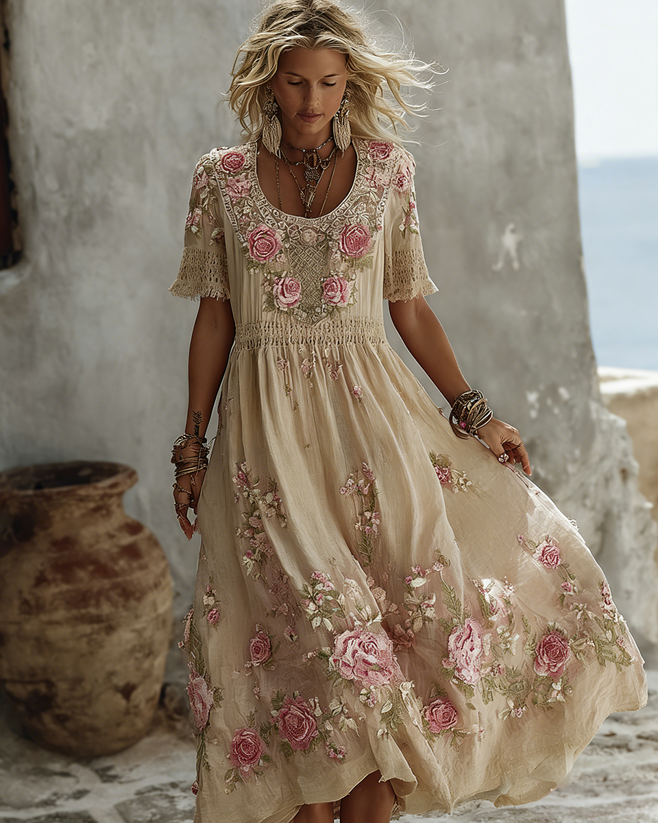 Women's Floral Art Print Flowy Linen Blend Casual Short Sleeve Maxi Dress wearshes