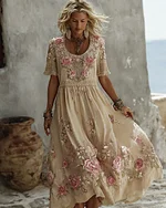 Women's Floral Art Print Flowy Linen Blend Casual Short Sleeve Maxi Dress - Image 6