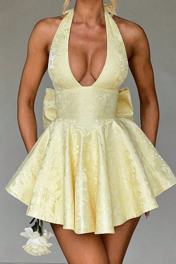 Ovlias Yellow Halter Deep V-Neck Sleeveless Homecoming Dress with Back Bow Knot HC0168