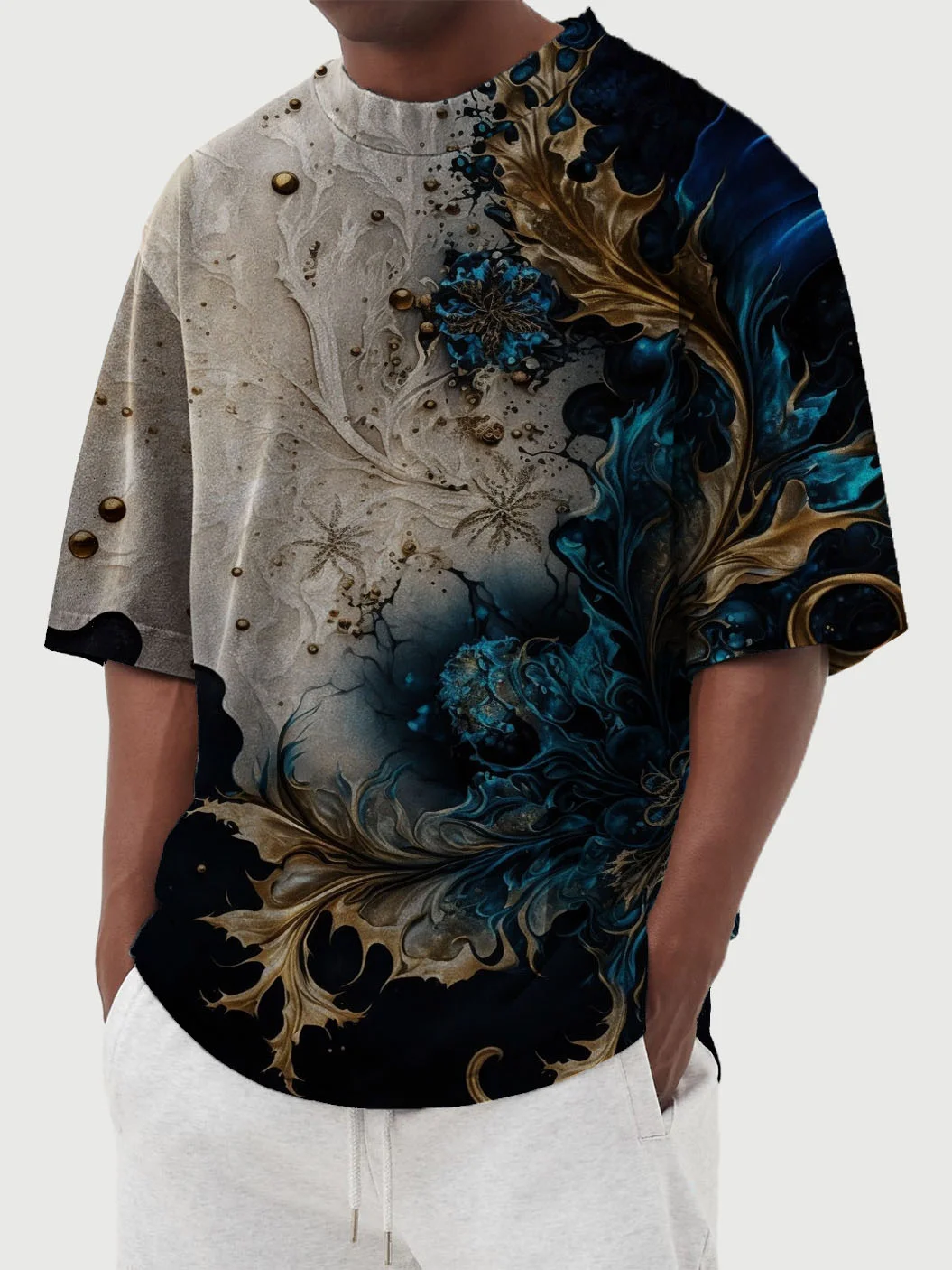 Men's Vintage Gold Plated Flower Print Short Sleeve T-Shirt