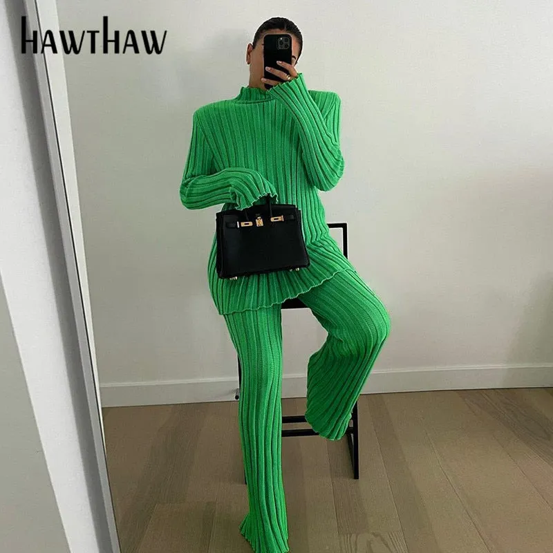 Hawthaw Women Autumn Winter High Waist Knitted Straight Green Long Pants Bottoms Dropshipping 2021 Fall Clothes Wholesale Items