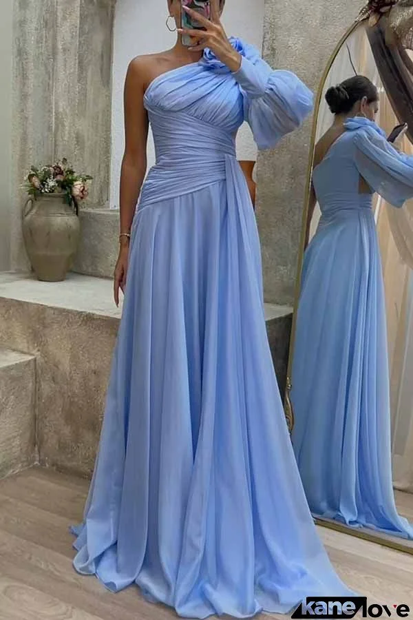 Pretty First Solid Color Floral Pleated One Shoulder Sleeve Slit Maxi Dress