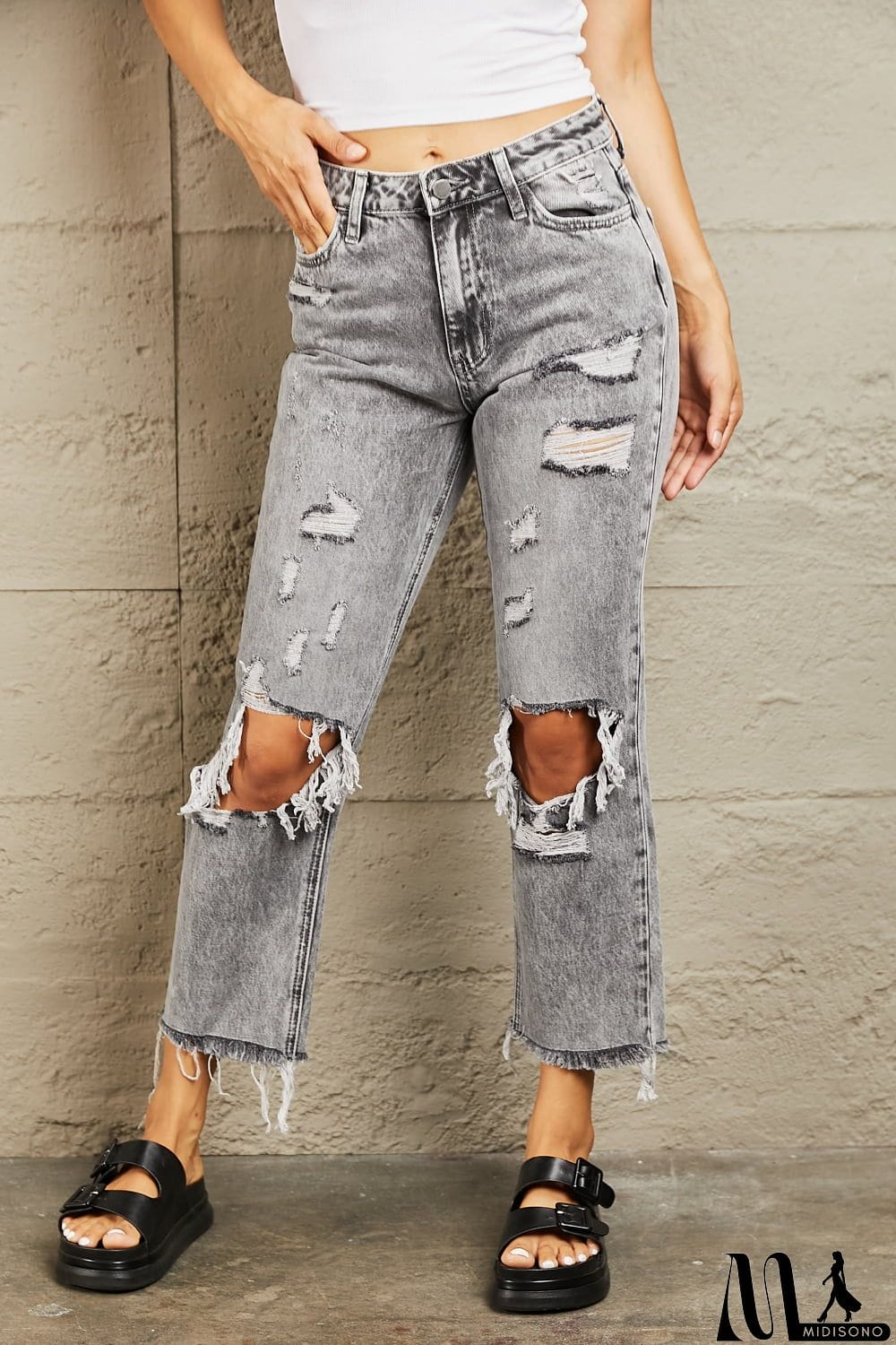 MidiSono - BAYEAS Acid Wash Distressed Straight Jeans