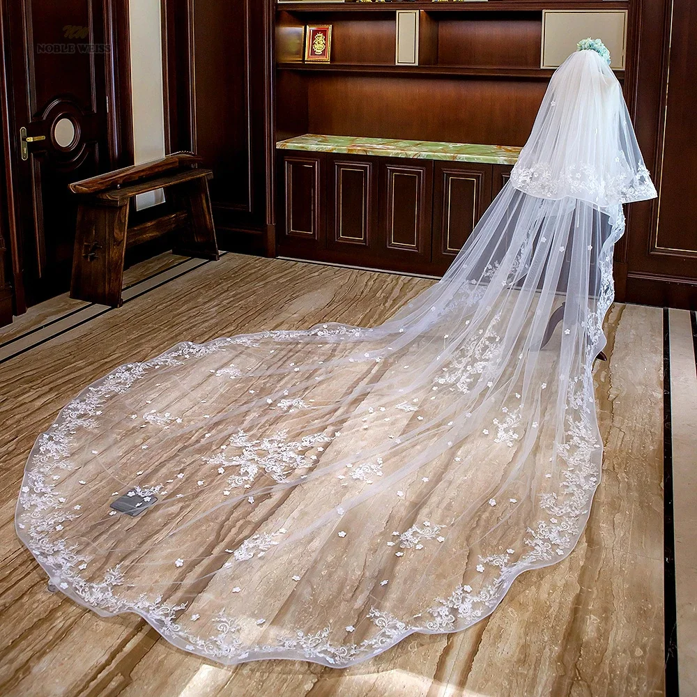 Zingj Long Wedding Veils With Comb Two Layers Appliques Bride Veil Lace Edge Tulle Veils Accessories 3m*4m