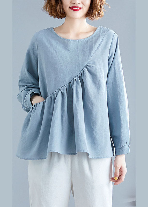 VCSHOES Loose Blue O-Neck Pockets Patchwork Fall Long sleeve Top