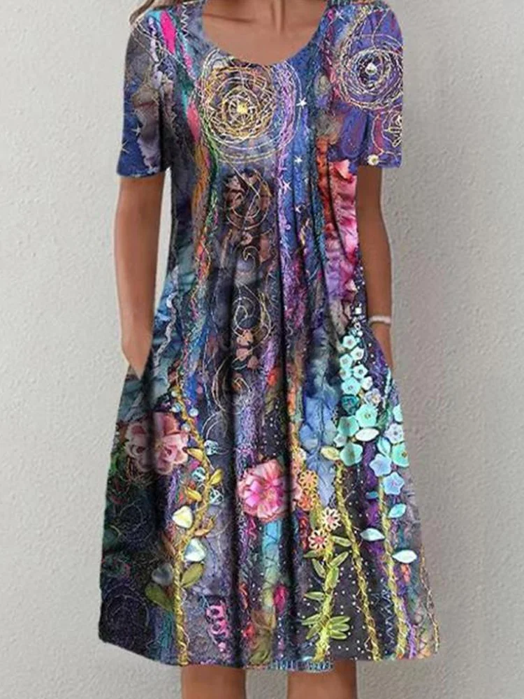 Floral Art Print Short Sleeve Midi Dress