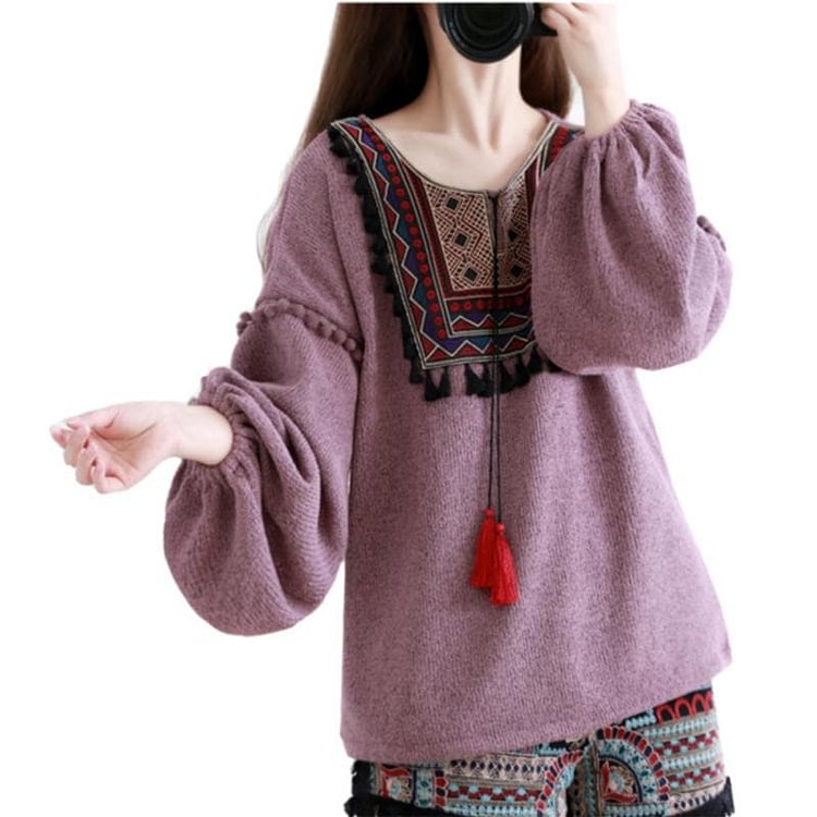 Purple Retro Embroidery Pullover Sweater SP1711148